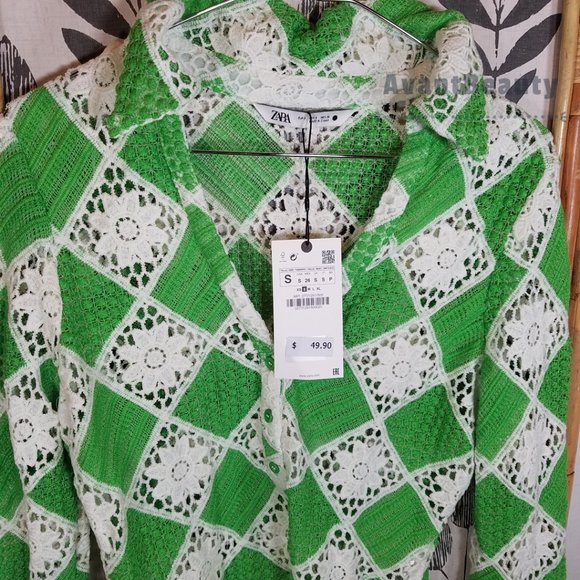 ZARA GREEN CROCHETED TOP SIZE S 2731/291 WHITE SIZE SMALL NWT LONG SLEEVE - Picture 6 of 9